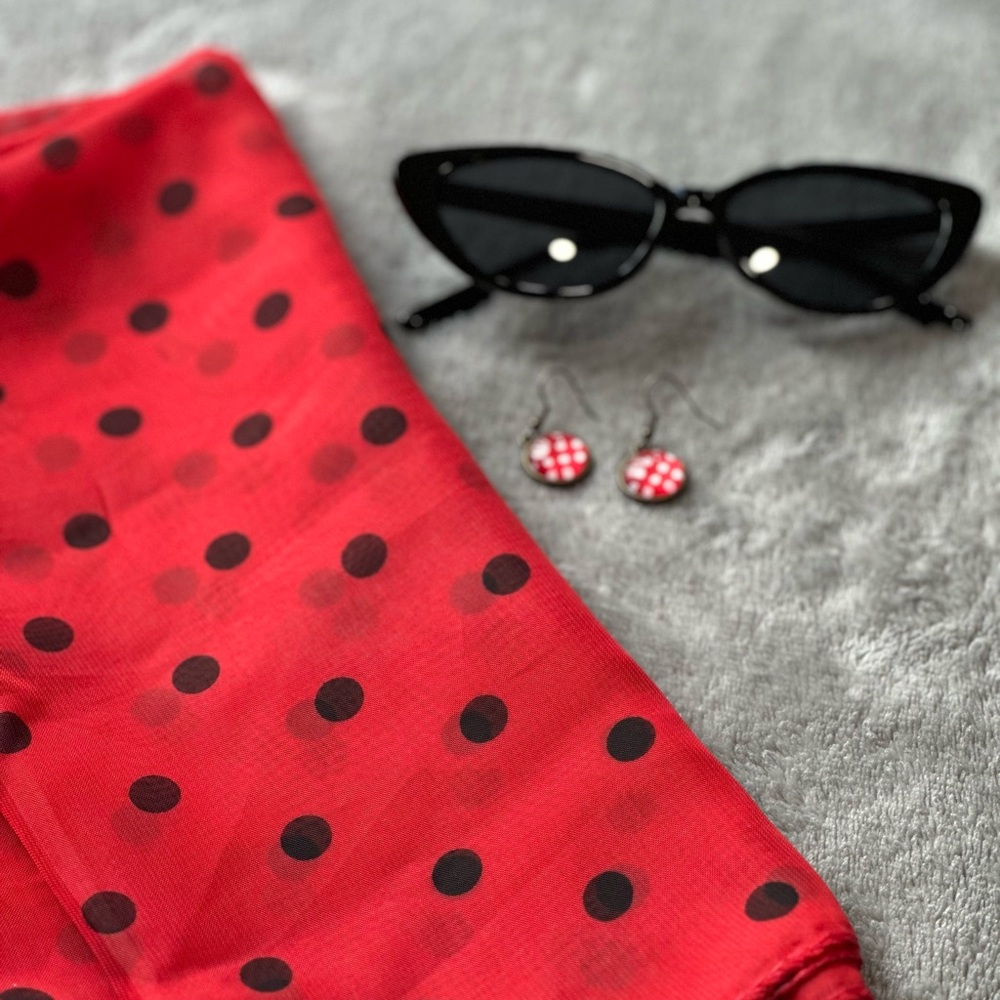 NWOT Vintage Style Red Polka Dot Scarf with Black Sunglasses and Earrings